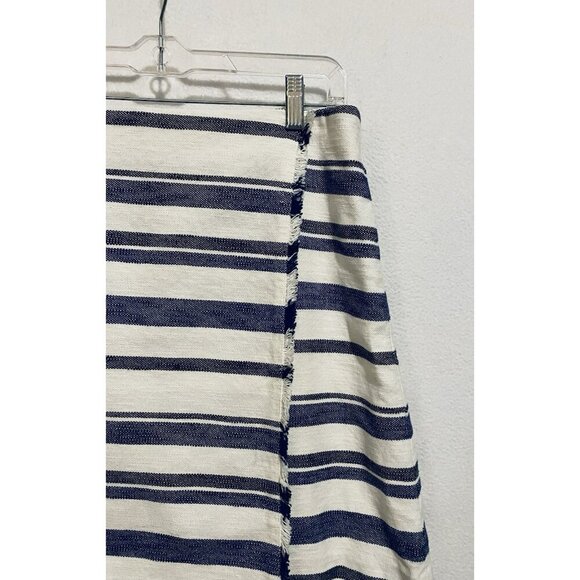 LOFT Skirt Womens 12 Ivory Blue Black Striped Faux Wrap Fringe Preppy Boho - Picture 3 of 8